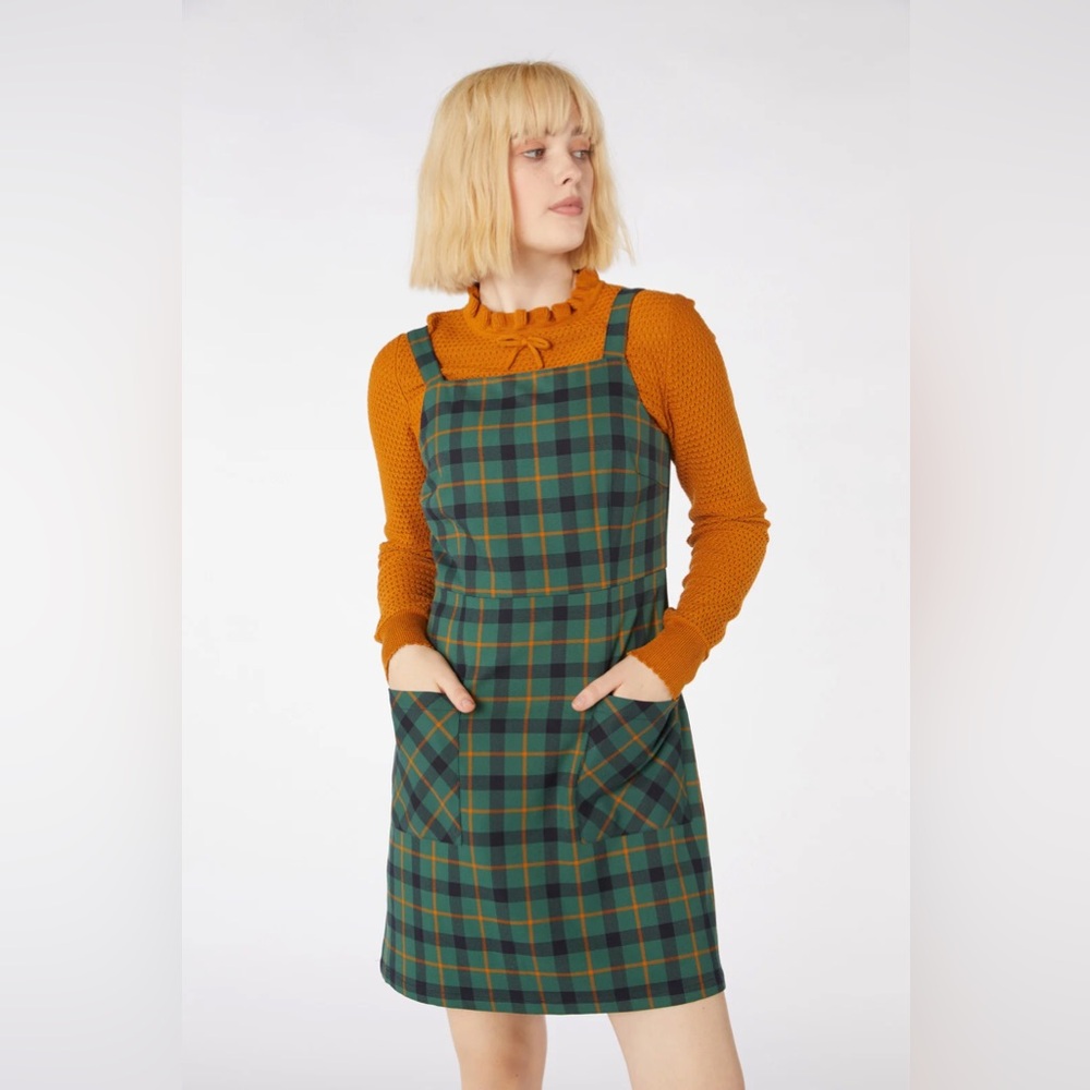 NWOT Princess Highway Claudia Check Pinny Dress Green Plaid Pockets Large